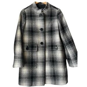 Club Monaco Structured Plaid Wool Funnel Neck Coat – Black & White Size S
